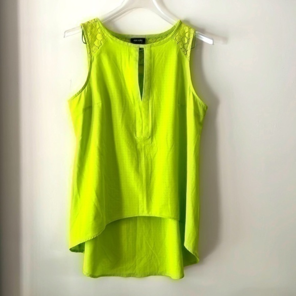 Nicole size medium, bright, green, high, low tank top with lace detail,